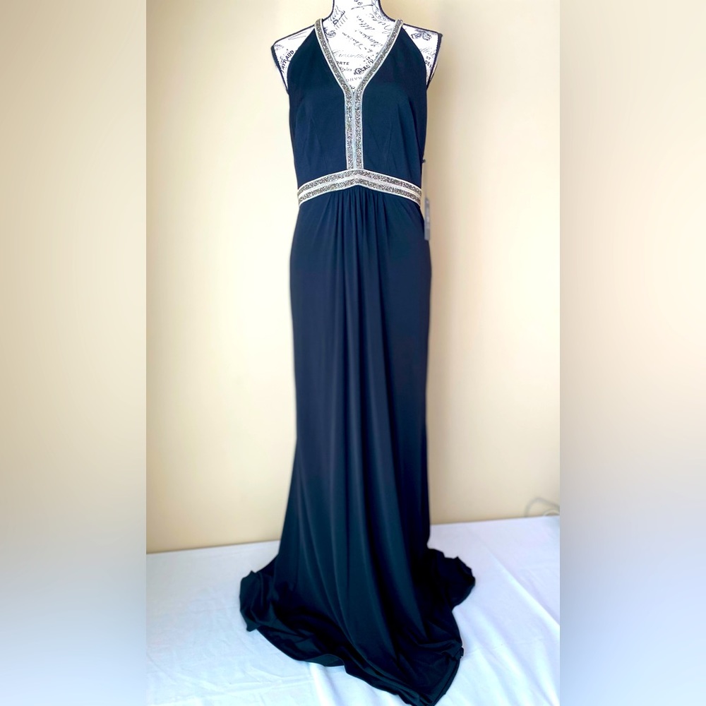 NWT VINCE CAMUTO Black Evening Gown with Silver Rhinestones Size 10 Org $188